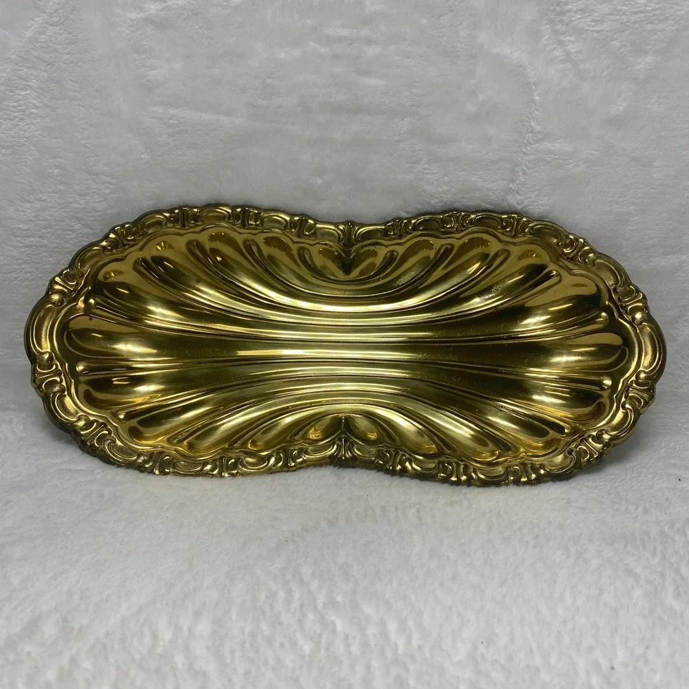 Vintage Gold Tone Ornate Metal Trinket Dish Jewelry Serving Tray Vanity Decor